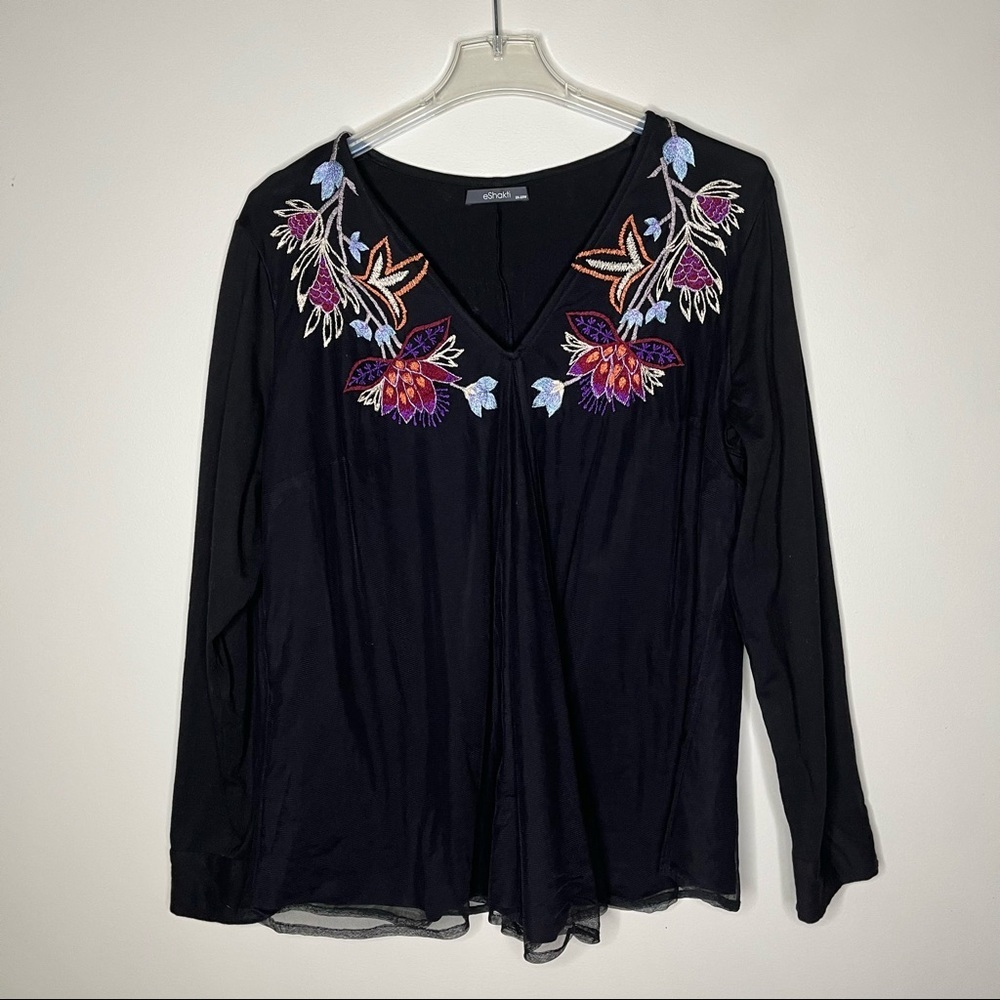 eShakti Black Pullover Top with Embroidered Neckline and Sheer Overlay SZ 2X
